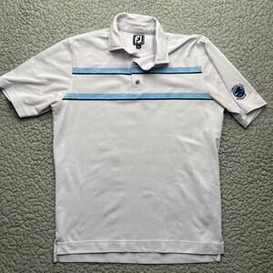 FJ Footjoy Golf Polo Shirt Mens Medium White Blue Stripe Paducah CC Short Sleeve
